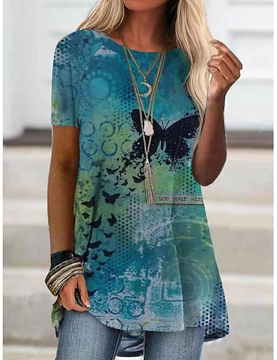 cheap Women&#039;s Tops-Women&#039;s Butterfly T shirt Dress Butterfly Animal Print Round Neck Tops Basic Boho Basic Top Blue