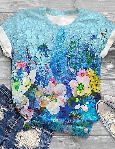 cheap Plus size-Women&#039;s Plus Size Tops T shirt Floral Graphic Short Sleeve Print Basic Crewneck Cotton Spandex Jersey Daily Holiday Blue