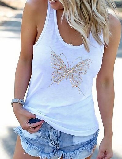cheap Women&#039;s Tops-Women&#039;s Tank Top Vest T shirt Butterfly Butterfly Animal U Neck Print Basic Streetwear Tops White Black Gray