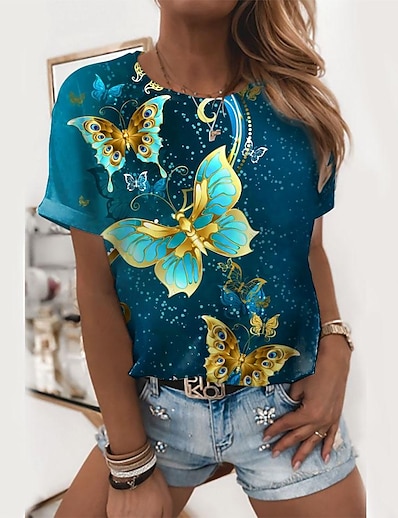 cheap Women&#039;s Tops-Women&#039;s T shirt Butterfly Painting Graphic Butterfly Round Neck Print Basic Tops Green / 3D Print