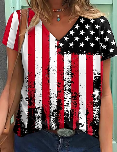 cheap Women&#039;s Tops-Women&#039;s Geometric Painting T shirt Striped American Flag National Flag Print V Neck Basic Tops Red