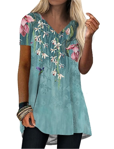 preiswerte Damen Kleider-Damen Minikleid T Shirt Kleid Grün Weiß Kurzarm Bedruckt Blumen Farbverläufe V-Ausschnitt Sommer Alltag 2022 S M L XL XXL 3XL