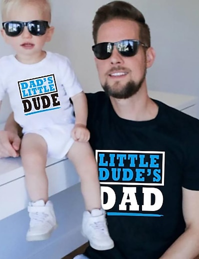 cheap Family Matching Outfits-Dad and Son Cotton T shirt Tops Daily Letter Print White Black Gray Short Sleeve Active Matching Outfits