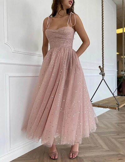 cheap Dresses-Women&#039;s Midi Dress Swing Dress Pink Sleeveless Mesh Solid Color Spaghetti Strap Spring Summer Party Elegant Romantic 2022 S M L XL