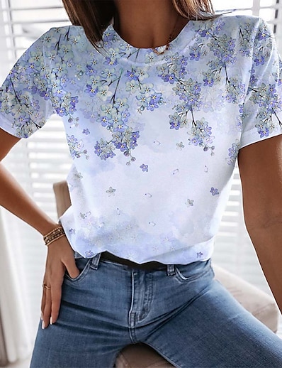 abordables Camisas y Camisetas para Mujer-Mujer Camiseta Tema Floral Pintura Floral Plantas Escote Redondo Estampado Básico Tops Azul Piscina / Impresión 3D