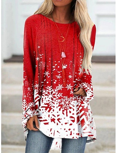 cheap Tees &amp; T Shirts-Women&#039;s Christmas Gift Daily T shirt Tee Abstract Long Sleeve Graphic Snowflake Flower Round Neck Print Basic Christmas Tops Loose Green Black Red S / 3D Print