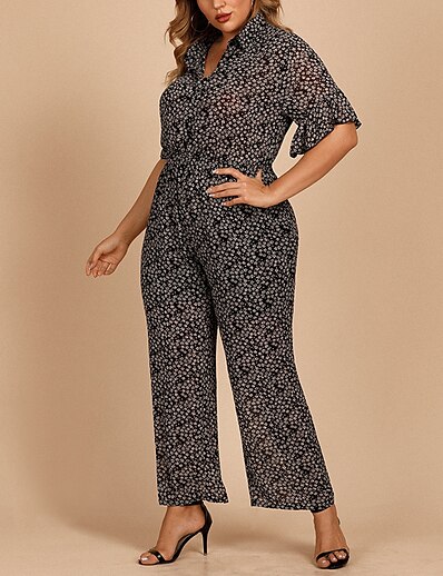cheap Plus Size Jumpsuits-Women&#039;s Plus Size Jumpsuit Ruffle Button Graphic Short Sleeve Hot Spring Summer Black XL 2XL 3XL 4XL / Print