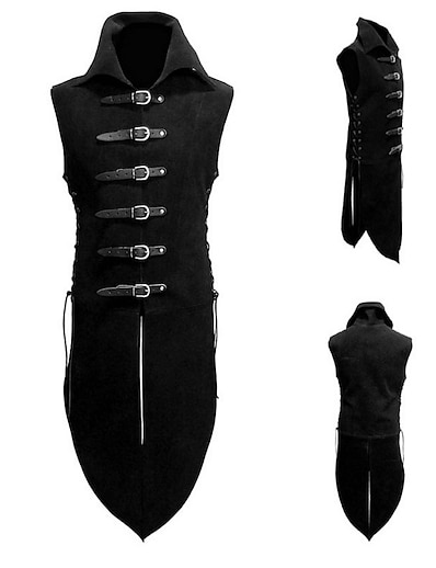 cheap Historical &amp; Vintage Costumes-Warrior Plague Doctor Gothic Vintage Punk &amp; Gothic Vintage Inspired Medieval Masquerade Vest Tuxedo Winter Men&#039;s Buckle Slim Fit Costume Black Vintage Cosplay Party Halloween Knee Length / Steampunk