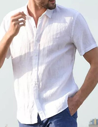 voordelige HEREN-Voor heren Overhemd Effen Strijkijzer Casual Dagelijks Korte mouw Button-omlaag Tops Casual Modieus Ademend Comfortabel Klaver Wit blauw