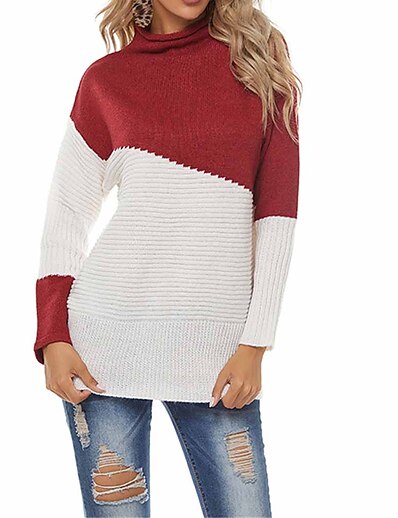 cheap Sweaters &amp; Cardigans-Women&#039;s Sweater Color Block Knitted Long Sleeve Regular Fit Sweater Cardigans Fall Turtleneck Khaki Light gray Dark Gray