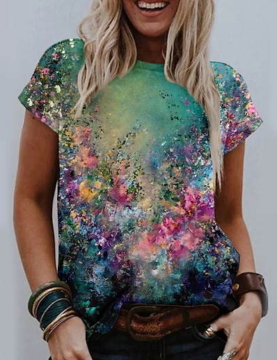 cheap Women&#039;s Tops-Women&#039;s T shirt Floral Theme Abstract Painting Floral Graphic Round Neck Print Basic Vintage Tops Green / 3D Print