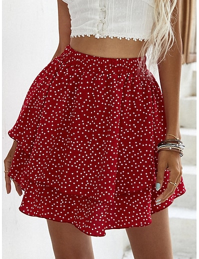 cheap Women&#039;s Tops-Women&#039;s Boho Mini Skirts Date Vacation Polka Dot Layered Red S M L / Above Knee