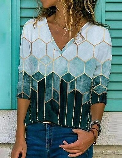 cheap Women&#039;s Tops-Women&#039;s T shirt Geometric Painting Color Block Geometric V Neck Print Basic Tops Green White Beige / 3D Print