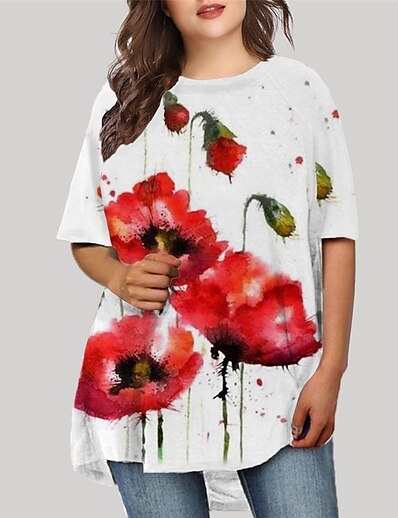 cheap Plus size-Women&#039;s Plus Size Floral T Shirt Dress Tee Dress Print Round Neck Half Sleeve Basic Fall Spring Causal Daily Short Mini Dress Dress
