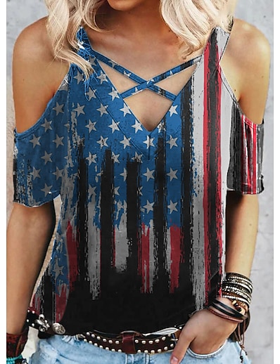 cheap Women&#039;s Tops-Women&#039;s T shirt Painting USA V Neck Cut Out Print Basic Tops Blue / 3D Print