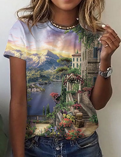 ieftine Bluze de Damă-Pentru femei Concediu Sfârșit de săptămână Tricou Abstract #D Vopsire Manșon scurt Decor #D Rotund Imprimeu De Bază Topuri Gri S / Tipărire 3D