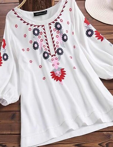 cheap Women&#039;s Tops-Women&#039;s Plus Size Tops Blouse Shirt Pattern Long Sleeve Round Neck Spring Summer White Dark Blue