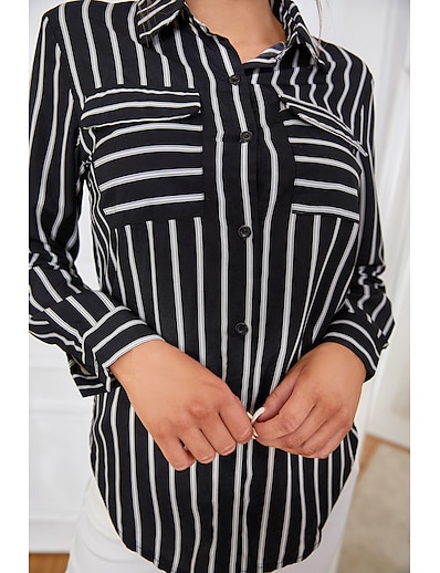 cheap Women&#039;s Tops-LITB Basic Women&#039;s Tied Front Stripe Shirt Rolled Collar Shirt Basic Tops Long Sleeve