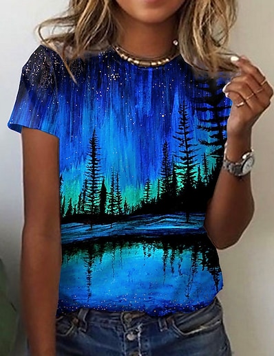 billige Kvinder-Dame T-shirt Blomster Tema Abstrakt 3D Grafisk Landskab 3D Rund hals Trykt mønster Basale Toppe Blå Lilla / 3D-udskrivning