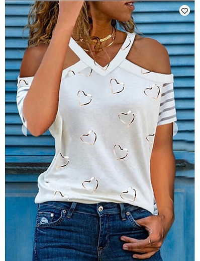 cheap Women&#039;s Tops-Women&#039;s T shirt Painting Striped Heart V Neck Cut Out Print Basic Tops White