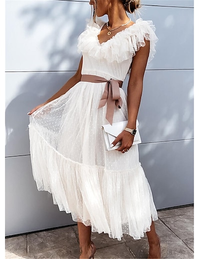 cheap Dresses-Women&#039;s Midi Dress Swing Dress Blushing Pink White Short Sleeve Ruched Pleated Lace Solid Color V Neck Fall Spring Party Holiday Casual Puff Sleeve 2021 S M L XL XXL