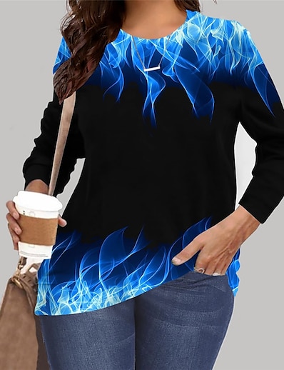 cheap Plus size-Women&#039;s Plus Size Tops Pullover Sweatshirt Graphic Flame Long Sleeve Print Basic Hoodie Crewneck Microfiber Daily Vacation Blue