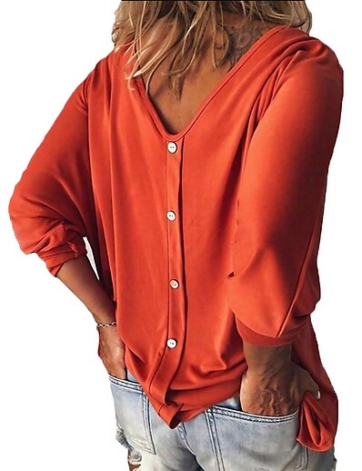 cheap Women&#039;s Clothing-Women&#039;s Shirt Button Modern Solid Colored V Neck Spring &amp;  Fall Regular White Grey Dark Blue Orange