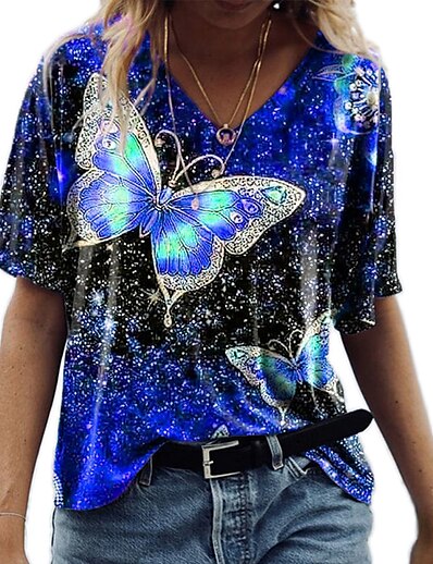 cheap Women&#039;s Tops-Women&#039;s T shirt Butterfly V Neck Print Basic Tops Blue Purple Yellow