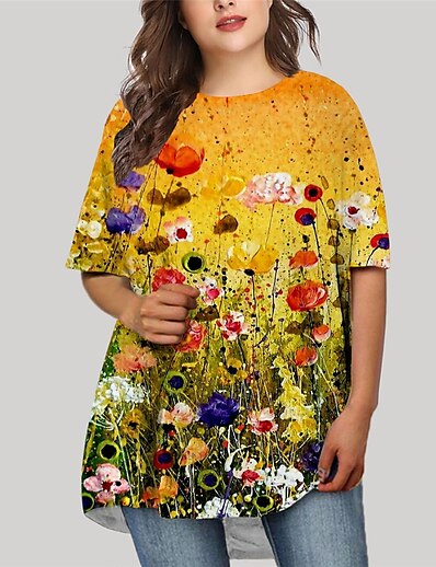 cheap Plus size-Women&#039;s Plus Size Floral T Shirt Dress Tee Dress Print Round Neck Half Sleeve Basic Fall Summer Causal Daily Short Mini Dress Dress