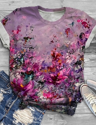cheap Plus size-Women&#039;s Plus Size Tops T shirt Floral Graphic Print Crewneck Short Sleeve Summer Basic Purple Yellow Big Size XL XXL 3XL 4XL 5XL / Holiday