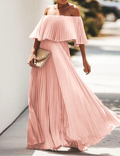 Χαμηλού Κόστους ΓΥΝΑΙΚΕΊΑ-Γυναικεία Μακρύ φόρεμα Φόρεμα ριχτό από τη μέση και κάτω Θαλασσί Μαύρο Ανθισμένο Ροζ Κίτρινο Ροδοκόκκινο Μισό μανίκι Σουρωτά Πλισέ Συμπαγές Χρώμα Ώμοι Έξω Άνοιξη Καλοκαίρι Πάρτι Κομψό Μοντέρνα 2022