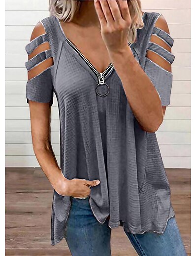 cheap Women&#039;s Tops-Women&#039;s Tunic Blouse Shirt Plain Solid Colored V Neck Off Shoulder cold shoulder Zipper Basic Elegant Casual Tops Blushing Pink Red Wine Gray
