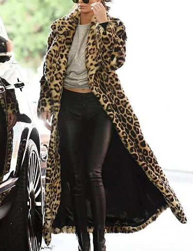 cheap Women&#039;s Outerwear-Women&#039;s Faux Fur Coat Fall Winter Street Daily Maxi Coat Windproof Warm Regular Fit Sexy Jacket Long Sleeve Leopard Khaki