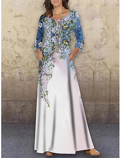 cheap Dresses-Women&#039;s Maxi long Dress Shift Dress Light Blue 3/4 Length Sleeve Print Floral Print Round Neck Spring Summer Holiday Casual 2021 S M L XL XXL 3XL