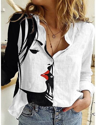cheap Women&#039;s Tops-Women&#039;s Daily Weekend Blouse Shirt Portrait Long Sleeve Graphic Abstract Portrait Shirt Collar Button Print Casual Streetwear Tops White Blue S / 3D Print
