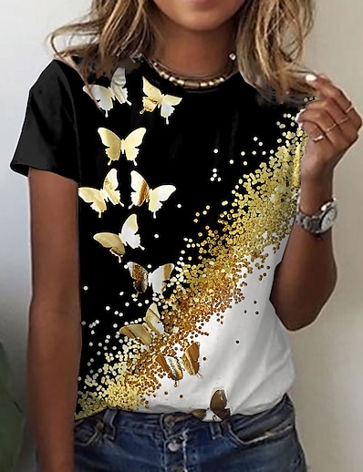 preiswerte Damen-Oberteile-Damen T-Shirt Schmetterling Farbe Schmetterling Funkelnd Farbblock Rundhalsausschnitt Bedruckt Grundlegend Oberteile Schwarz Purpur Gelb / 3D-Druck