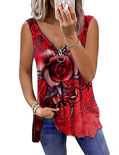 cheap Women&#039;s Tops-mayntop womens tank tops rose flower graphic print ethnic sleeveless zipper v-neck plus size loose tee t-shirt camisole(a red,5xl)