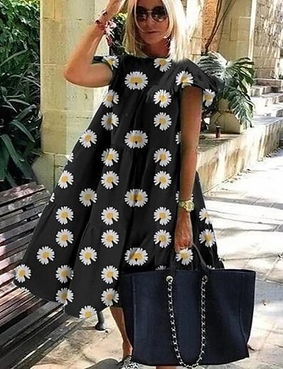 cheap Dresses-Women&#039;s Knee Length Dress A Line Dress Light Blue Pure black Daisy Pure rose red Pure color powder Daisy green Green White Black Pink Short Sleeve Smocked Print Floral Animal Crew Neck Spring Summer
