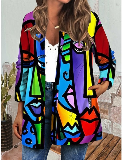 cheap Women&#039;s Outerwear-Women&#039;s Jacket Autumn / Fall Winter Daily Holiday Regular Coat Windproof Regular Fit Casual Jacket Long Sleeve Print Color Block Portrait Blue Purple
