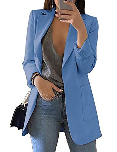 hesapli Kadın Dış Giyim-Kadın&#039;s Blazer Klasik Tek Renk Şık ve Modern Uzun Kollu Ceket Günlük Sonbahar Bahar Normal Önü Açık Ceketler Havuz / Cep