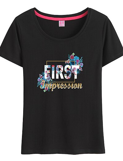 cheap Women&#039;s Tops-Women&#039;s T shirt Floral Theme Painting Floral Text Round Neck Print Basic Tops Blushing Pink White Black