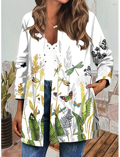 cheap Women&#039;s Outerwear-Women&#039;s Jacket Autumn / Fall Winter Daily Holiday Regular Coat Regular Fit Casual Jacket Long Sleeve Print Floral Blue White