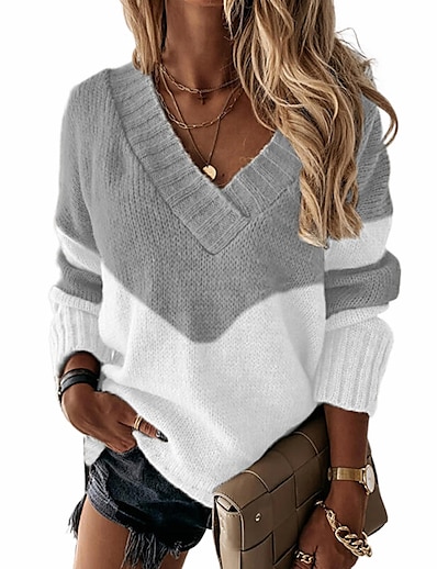 저렴한 스웨터 &amp; 가디건-여성용 풀오버 스웨터 점퍼 컬러 블럭 니트 세련 베이직 캐쥬얼 긴 소매 보통 스웨터 가디건 가을 겨울 V 넥 그레이 카키