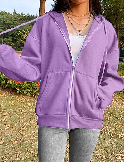 cheap Women&#039;s Tops-Women&#039;s Solid Color Zip Up Hoodie Sweatshirt Zipper Pocket Patchwork non-printing Sports &amp; Outdoor Casual Daily Sportswear Work Hoodies Sweatshirts  Blue Purple Gray