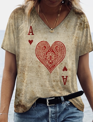 cheap Tees &amp; T Shirts-Women&#039;s T shirt Painting Graphic Heart V Neck Print Basic Vintage Tops Regular Fit Brown / 3D Print