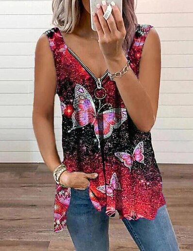 cheap Women&#039;s Tops-Women&#039;s Tank Top Vest Camis 3D Printed Butterfly Animal V Neck Print Tops Blue Purple Red