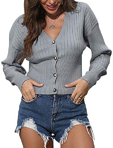 cheap Sweaters &amp; Cardigans-Women&#039;s Cardigan Sweater Co-ords Solid Color Pure Color Casual Long Sleeve Regular Fit Sweater Cardigans Fall Spring V Neck Blue Blushing Pink Gray