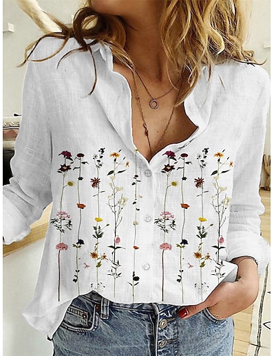 cheap Women&#039;s Tops-Women&#039;s Daily Weekend Blouse Shirt Floral Long Sleeve Floral Graphic Patterned Shirt Collar Button Print Casual Streetwear Tops White Blue Gray S / 3D Print