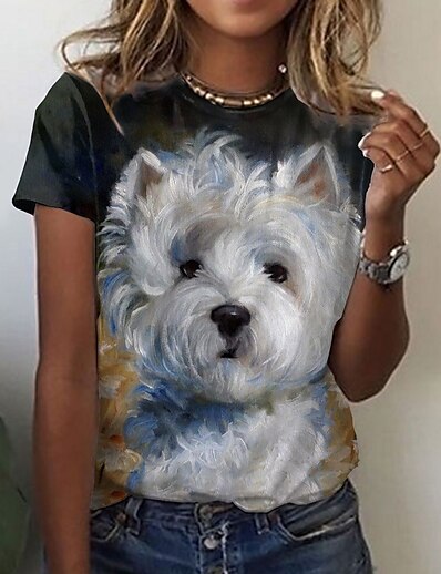 cheap Women&#039;s Tops-Women&#039;s T shirt Abstract 3D Printed Painting Dog 3D Animal Round Neck Print Basic Tops Brown