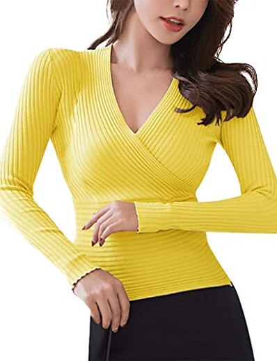 cheap Sweaters &amp; Cardigans-Women&#039;s Pullover Sweater Solid Color Patchwork Basic Casual Long Sleeve Regular Fit Sweater Cardigans Fall Winter Spring V Neck Blue Purple Yellow